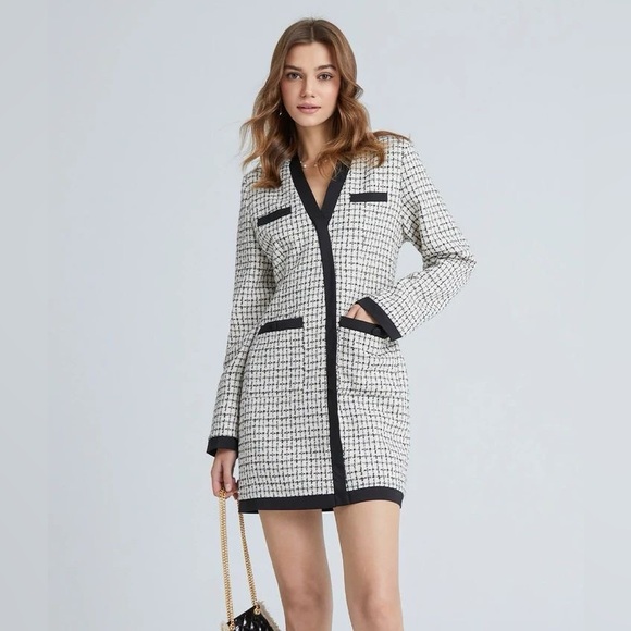 Urban Revivo Tweed Plaid Contrast Trim Dress - Picture 1 of 12